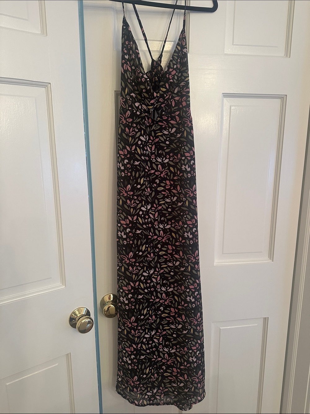 Zaful Black Maxi Slip Dress with Pink Leaf Print